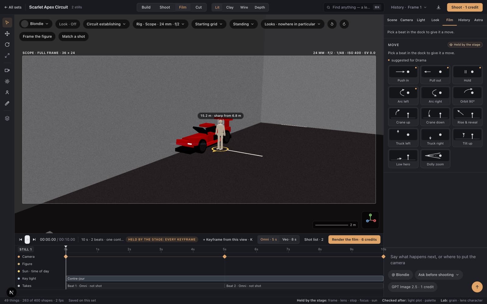 Film mode: the move library on the right, the sequencer under the viewport with camera, figure, sun and takes tracks